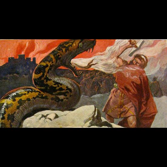 La bataille finale entre Thor et Jörmungandr - Illustration: Emil Doepler