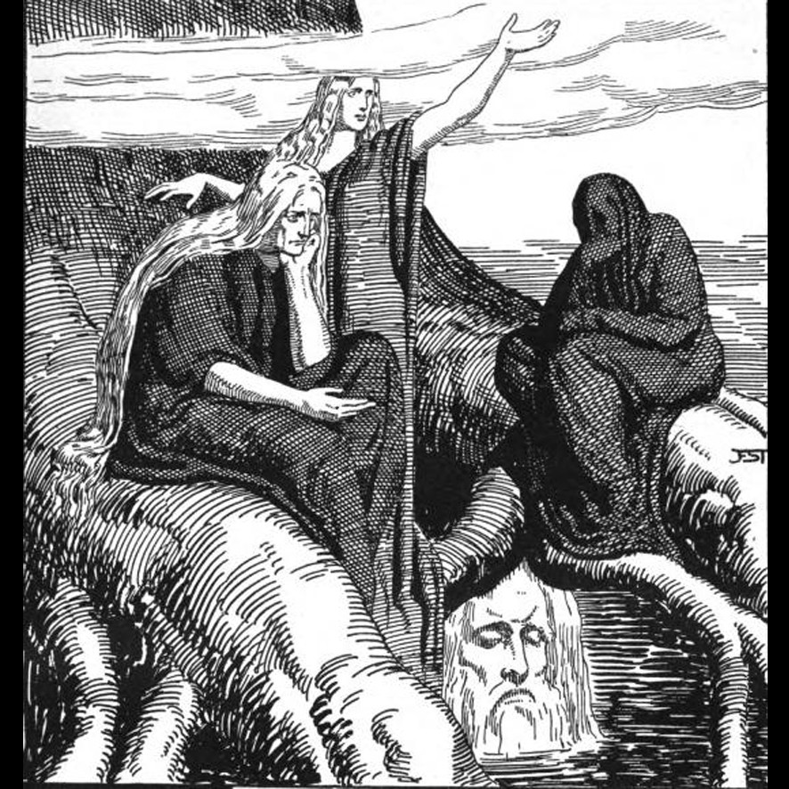 L'Edda - Urd, Verdandi et Skuld avec la tête de Mimir