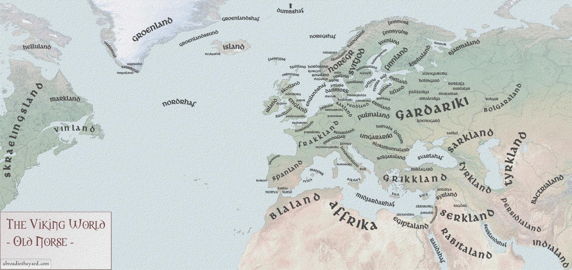 Carte du monde viking en vieux norrois - Conception: Sandra Rimmer/ www.abroadintheyard.com