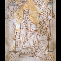 Emma de Normandie reçoit le manuscrit de l'Encomium Emmae Reginae des mains de son auteur - Illustration: anonyme