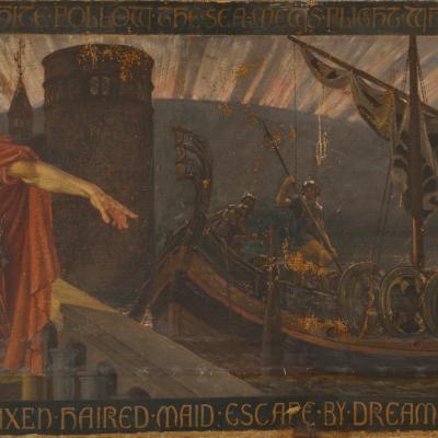 France - Une des septs toiles de l'oeuvre de Walter Crane, The Skeleton in Armor - Image: La Gazette Drouot