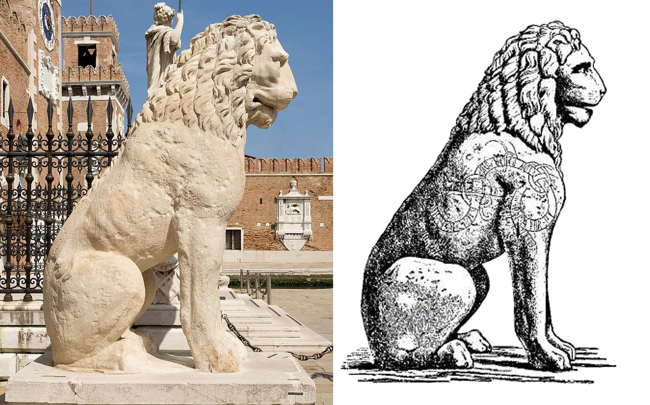 Italie - Statue du Lion du Pirée devant l'Arsenal, à Venise, et illustration issue d'un texte grec signé Tzàn Polàt Moustafâ - Photo: Didier Descouens