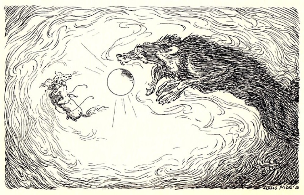 Le loup Sköll avalant le soleil durant les Ragnarök - Illustration: Louis Moe