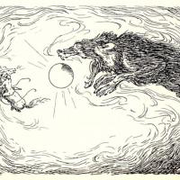 Le loup Sköll avalant le soleil durant les Ragnarök - Illustration: Louis Moe