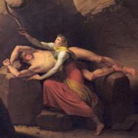Loki, assisté par sa fidèle épouse Sigyn qui allège ses souffrances durant son châtiment pour le meurtre de Baldr -  Illustration: Christoffer Wilhelm Eckersberg