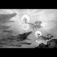 Sol et Mani poursuivis par les loups - Illustration: John Charles Dollman