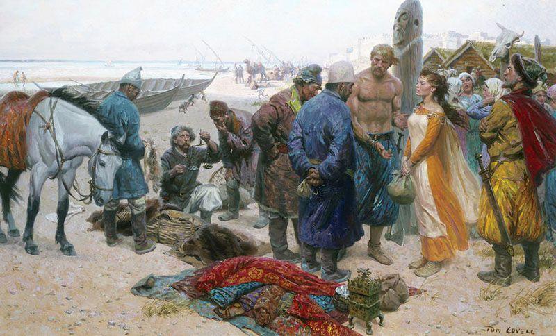 Un viking vendant une esclave à un marchand persan - Peinture Tom Lovell