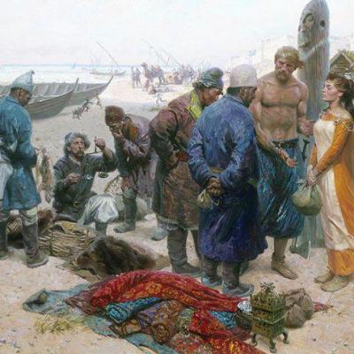 Un viking vendant une esclave à un marchand persan - Peinture Tom Lovell